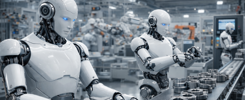 Humanoid robots assembling bearings on automated factory production line.